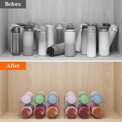 2 Tier Stackable Water Bottle Organizer for Cabinet, Plastic Bottle Holder Fits 6 Bottles/Tumblers up to 3.8" Diameter for Pantry/Countertop/Cupboard, 28 x 19 x 15 cm/11 x 7.5 x 5.7"