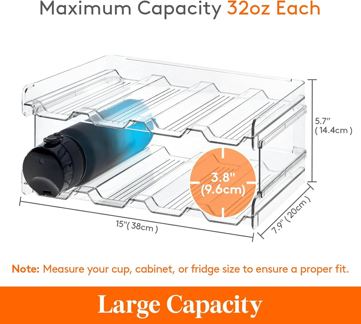 2 Tier Stackable Water Bottle Organizer for Cabinet, Plastic Bottle Holder Fits 6 Bottles/Tumblers up to 3.8" Diameter for Pantry/Countertop/Cupboard, 28 x 19 x 15 cm/11 x 7.5 x 5.7"