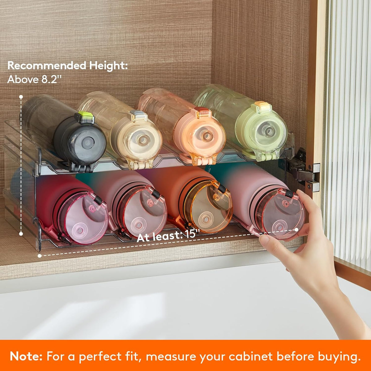 2 Tier Stackable Water Bottle Organizer for Cabinet, Plastic Bottle Holder Fits 6 Bottles/Tumblers up to 3.8" Diameter for Pantry/Countertop/Cupboard, 28 x 19 x 15 cm/11 x 7.5 x 5.7"