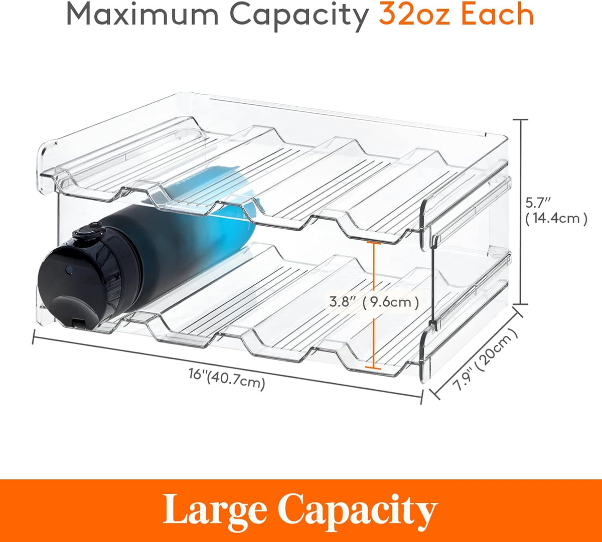2 Tier Stackable Water Bottle Organizer for Cabinet, Plastic Bottle Holder Fits 6 Bottles/Tumblers up to 3.8" Diameter for Pantry/Countertop/Cupboard, 28 x 19 x 15 cm/11 x 7.5 x 5.7"