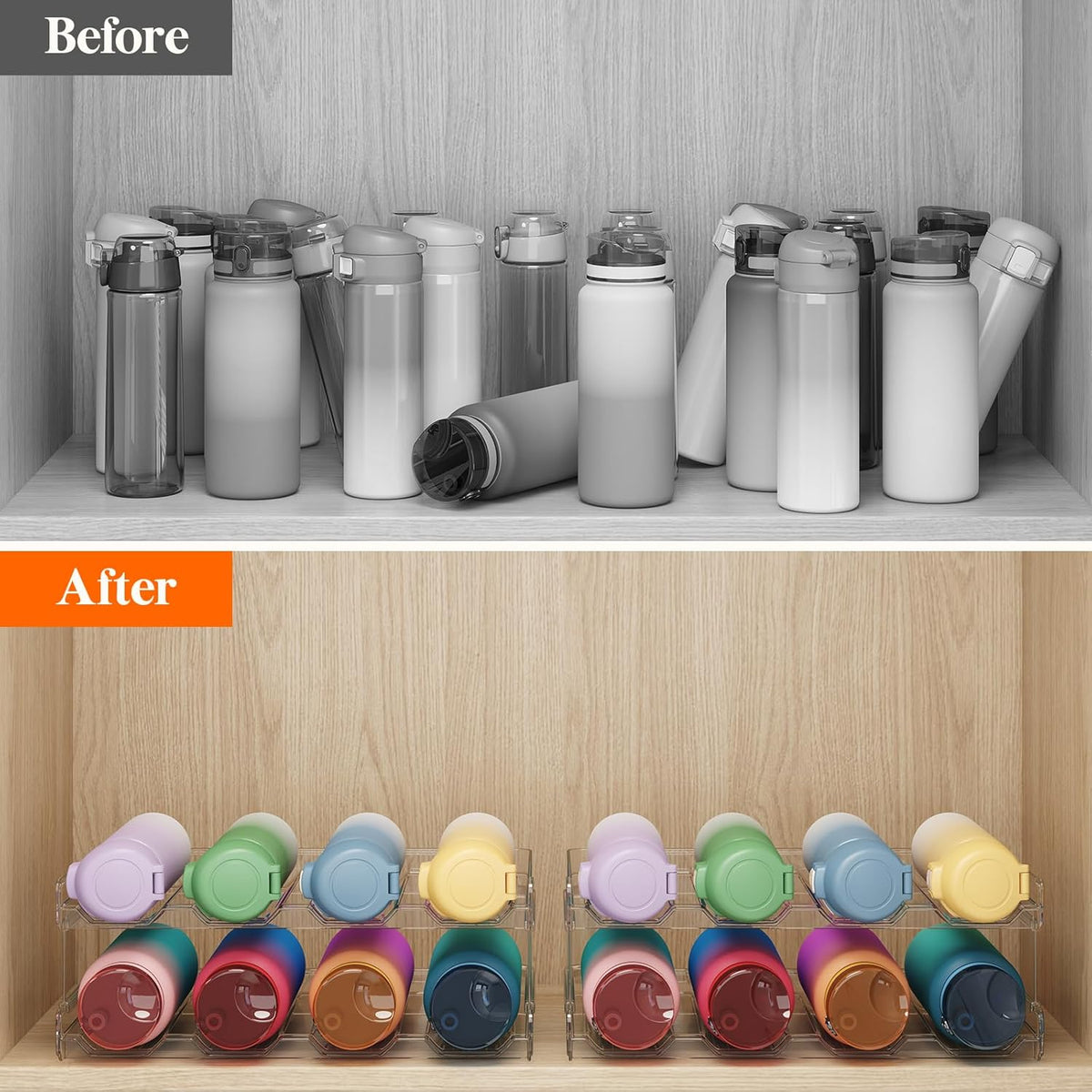 2 Tier Stackable Water Bottle Organizer for Cabinet, Plastic Bottle Holder Fits 6 Bottles/Tumblers up to 3.8" Diameter for Pantry/Countertop/Cupboard, 28 x 19 x 15 cm/11 x 7.5 x 5.7"