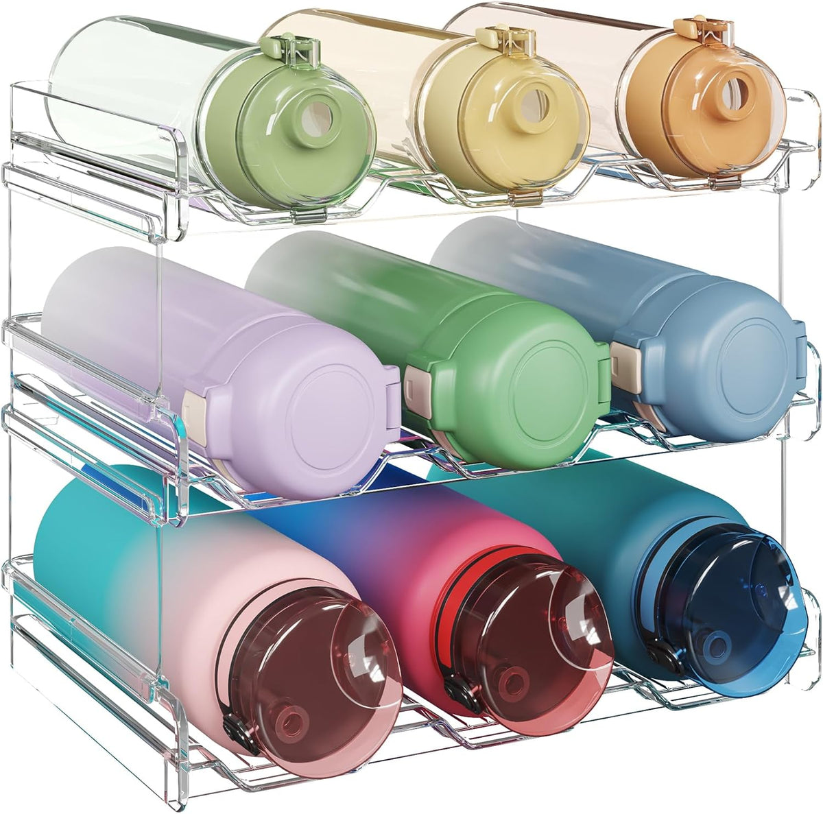 2 Tier Stackable Water Bottle Organizer for Cabinet, Plastic Bottle Holder Fits 6 Bottles/Tumblers up to 3.8" Diameter for Pantry/Countertop/Cupboard, 28 x 19 x 15 cm/11 x 7.5 x 5.7"