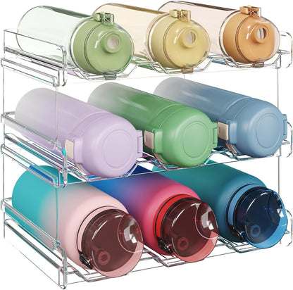 2 Tier Stackable Water Bottle Organizer for Cabinet, Plastic Bottle Holder Fits 6 Bottles/Tumblers up to 3.8" Diameter for Pantry/Countertop/Cupboard, 28 x 19 x 15 cm/11 x 7.5 x 5.7"