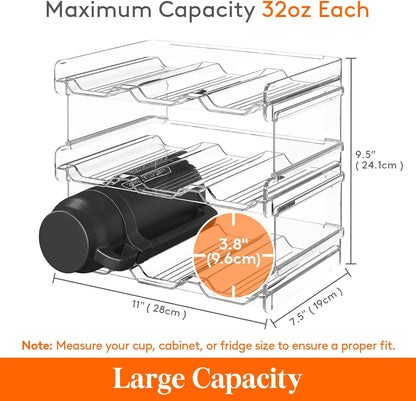 2 Tier Stackable Water Bottle Organizer for Cabinet, Plastic Bottle Holder Fits 6 Bottles/Tumblers up to 3.8" Diameter for Pantry/Countertop/Cupboard, 28 x 19 x 15 cm/11 x 7.5 x 5.7"