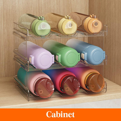 2 Tier Stackable Water Bottle Organizer for Cabinet, Plastic Bottle Holder Fits 6 Bottles/Tumblers up to 3.8" Diameter for Pantry/Countertop/Cupboard, 28 x 19 x 15 cm/11 x 7.5 x 5.7"