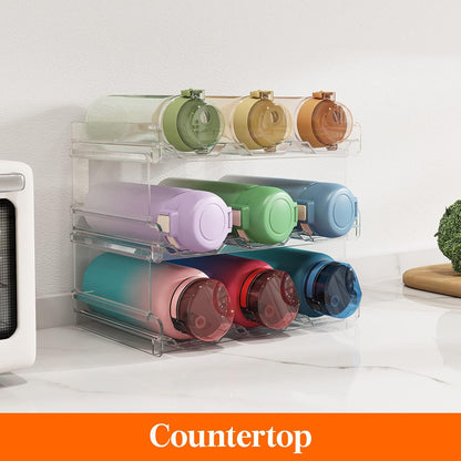 2 Tier Stackable Water Bottle Organizer for Cabinet, Plastic Bottle Holder Fits 6 Bottles/Tumblers up to 3.8" Diameter for Pantry/Countertop/Cupboard, 28 x 19 x 15 cm/11 x 7.5 x 5.7"