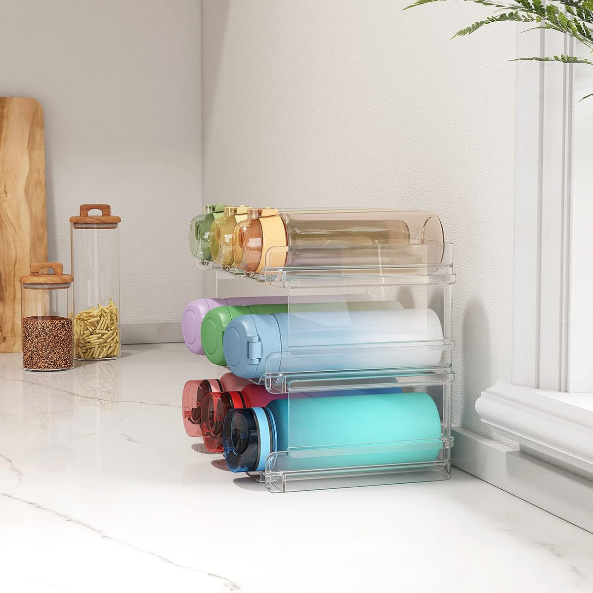 2 Tier Stackable Water Bottle Organizer for Cabinet, Plastic Bottle Holder Fits 6 Bottles/Tumblers up to 3.8" Diameter for Pantry/Countertop/Cupboard, 28 x 19 x 15 cm/11 x 7.5 x 5.7"