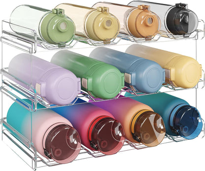2 Tier Stackable Water Bottle Organizer for Cabinet, Plastic Bottle Holder Fits 6 Bottles/Tumblers up to 3.8" Diameter for Pantry/Countertop/Cupboard, 28 x 19 x 15 cm/11 x 7.5 x 5.7"