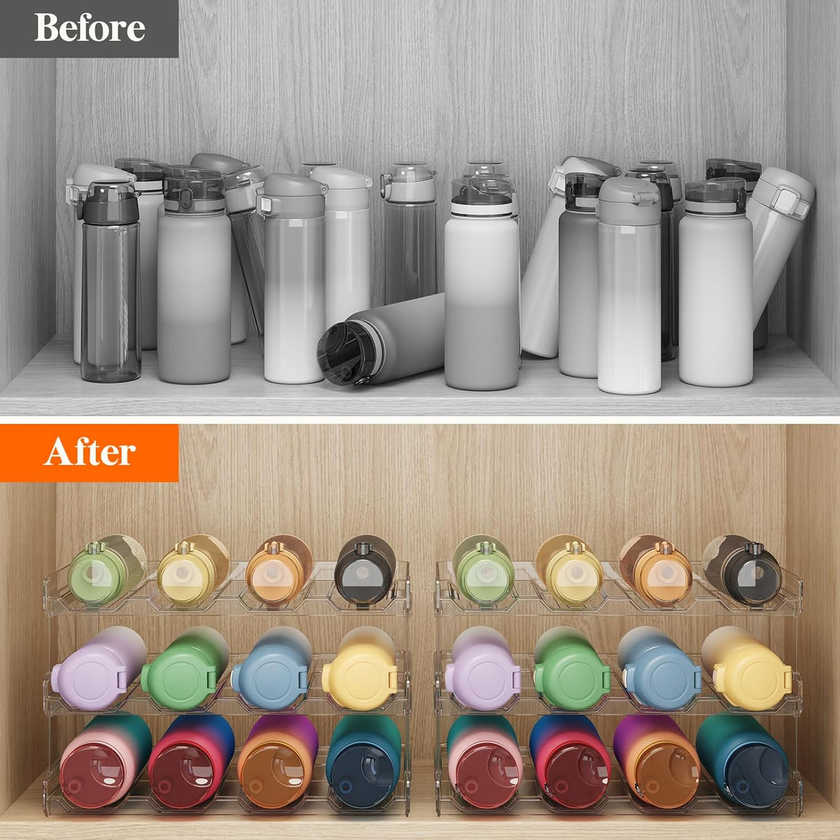 2 Tier Stackable Water Bottle Organizer for Cabinet, Plastic Bottle Holder Fits 6 Bottles/Tumblers up to 3.8" Diameter for Pantry/Countertop/Cupboard, 28 x 19 x 15 cm/11 x 7.5 x 5.7"