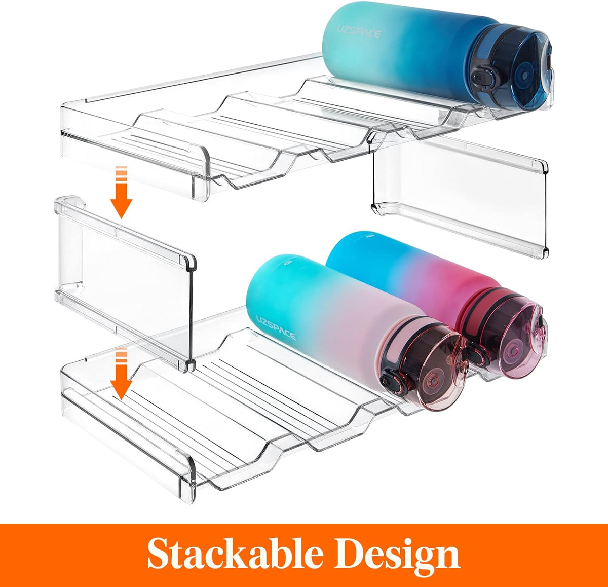 2 Tier Stackable Water Bottle Organizer for Cabinet, Plastic Bottle Holder Fits 6 Bottles/Tumblers up to 3.8" Diameter for Pantry/Countertop/Cupboard, 28 x 19 x 15 cm/11 x 7.5 x 5.7"