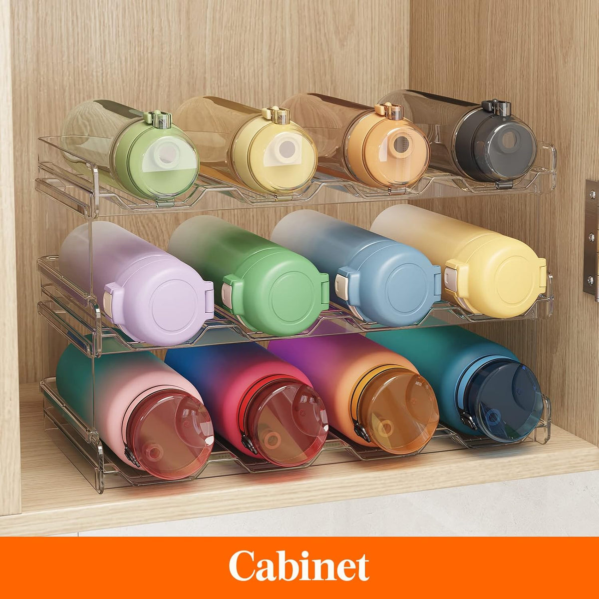 2 Tier Stackable Water Bottle Organizer for Cabinet, Plastic Bottle Holder Fits 6 Bottles/Tumblers up to 3.8" Diameter for Pantry/Countertop/Cupboard, 28 x 19 x 15 cm/11 x 7.5 x 5.7"