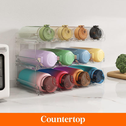 2 Tier Stackable Water Bottle Organizer for Cabinet, Plastic Bottle Holder Fits 6 Bottles/Tumblers up to 3.8" Diameter for Pantry/Countertop/Cupboard, 28 x 19 x 15 cm/11 x 7.5 x 5.7"