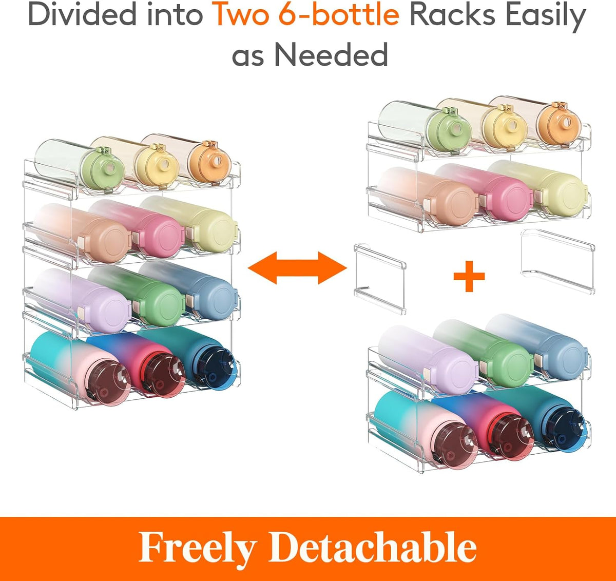 2 Tier Stackable Water Bottle Organizer for Cabinet, Plastic Bottle Holder Fits 6 Bottles/Tumblers up to 3.8" Diameter for Pantry/Countertop/Cupboard, 28 x 19 x 15 cm/11 x 7.5 x 5.7"