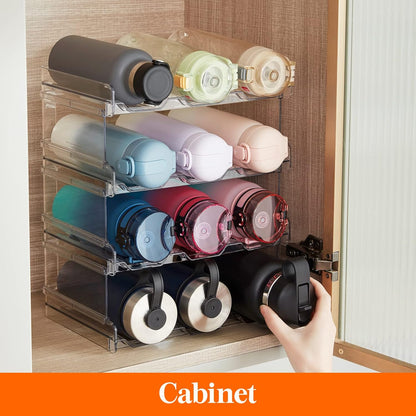 2 Tier Stackable Water Bottle Organizer for Cabinet, Plastic Bottle Holder Fits 6 Bottles/Tumblers up to 3.8" Diameter for Pantry/Countertop/Cupboard, 28 x 19 x 15 cm/11 x 7.5 x 5.7"