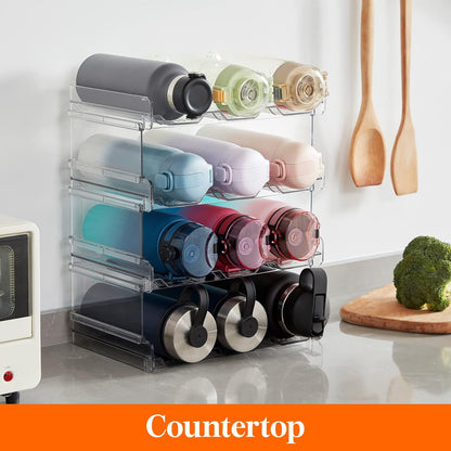 2 Tier Stackable Water Bottle Organizer for Cabinet, Plastic Bottle Holder Fits 6 Bottles/Tumblers up to 3.8" Diameter for Pantry/Countertop/Cupboard, 28 x 19 x 15 cm/11 x 7.5 x 5.7"
