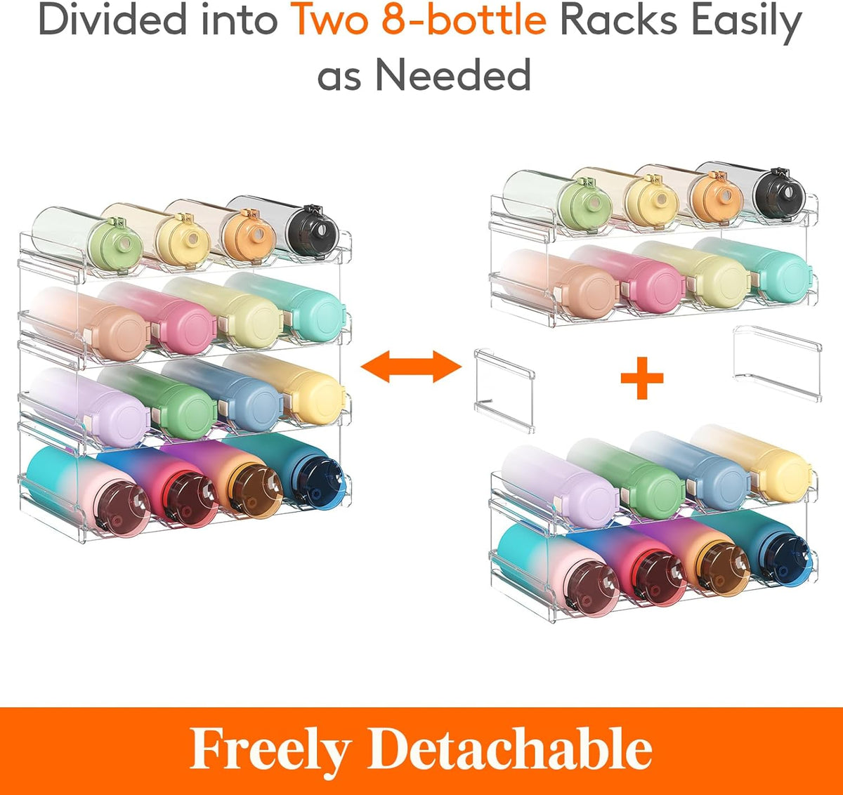2 Tier Stackable Water Bottle Organizer for Cabinet, Plastic Bottle Holder Fits 6 Bottles/Tumblers up to 3.8" Diameter for Pantry/Countertop/Cupboard, 28 x 19 x 15 cm/11 x 7.5 x 5.7"