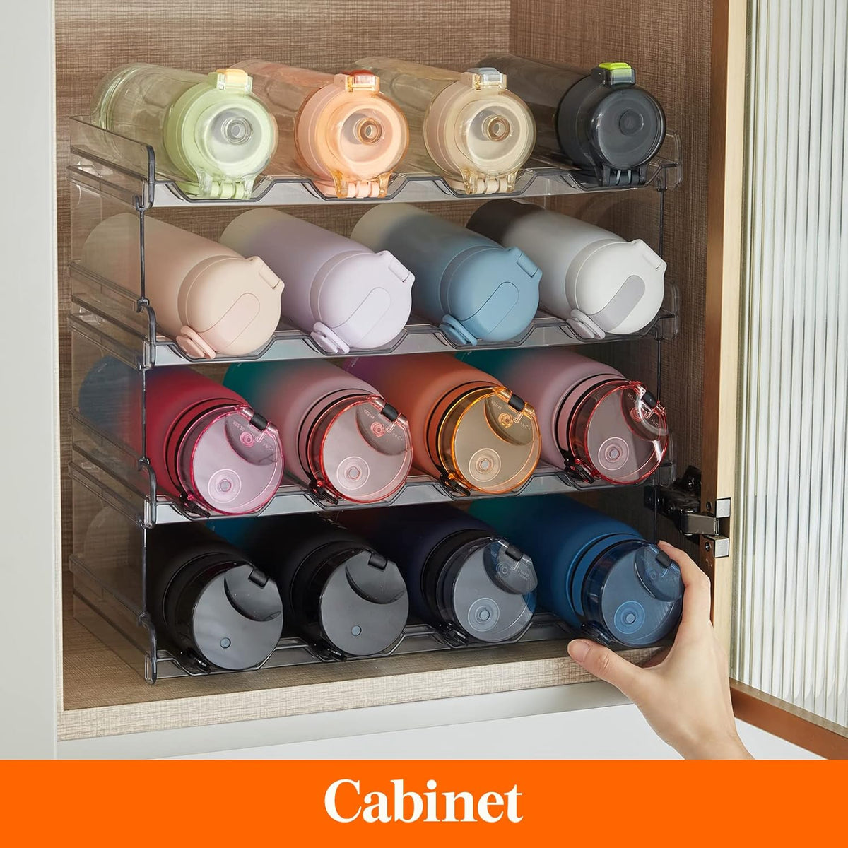 2 Tier Stackable Water Bottle Organizer for Cabinet, Plastic Bottle Holder Fits 6 Bottles/Tumblers up to 3.8" Diameter for Pantry/Countertop/Cupboard, 28 x 19 x 15 cm/11 x 7.5 x 5.7"