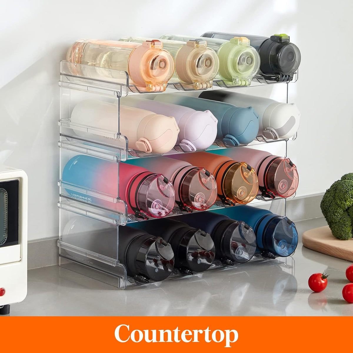 2 Tier Stackable Water Bottle Organizer for Cabinet, Plastic Bottle Holder Fits 6 Bottles/Tumblers up to 3.8" Diameter for Pantry/Countertop/Cupboard, 28 x 19 x 15 cm/11 x 7.5 x 5.7"
