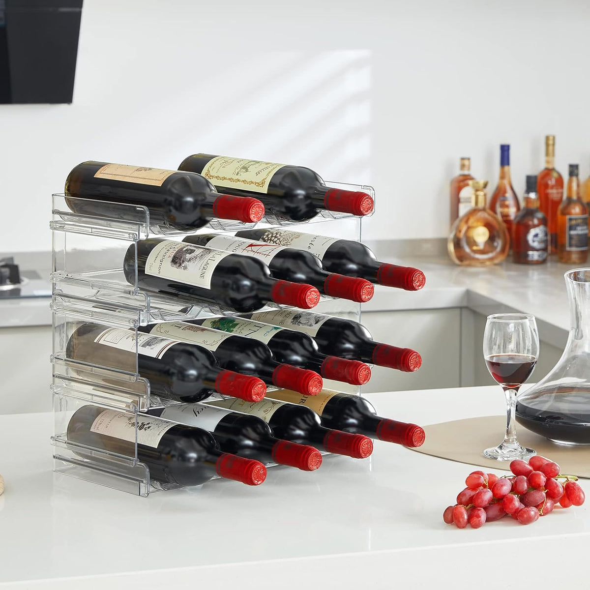 2 Tier Stackable Water Bottle Organizer for Cabinet, Plastic Bottle Holder Fits 6 Bottles/Tumblers up to 3.8" Diameter for Pantry/Countertop/Cupboard, 28 x 19 x 15 cm/11 x 7.5 x 5.7"