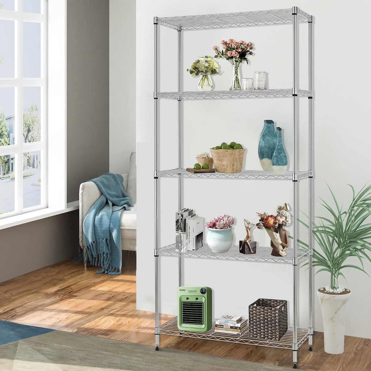 14" D×24" W×60" H Wire Shelving Unit Metal Commercial Shelf with 5 Tier Layer Rack Strong Steel for Restaurant Garage Pantry Kitchen Garage,Chrome