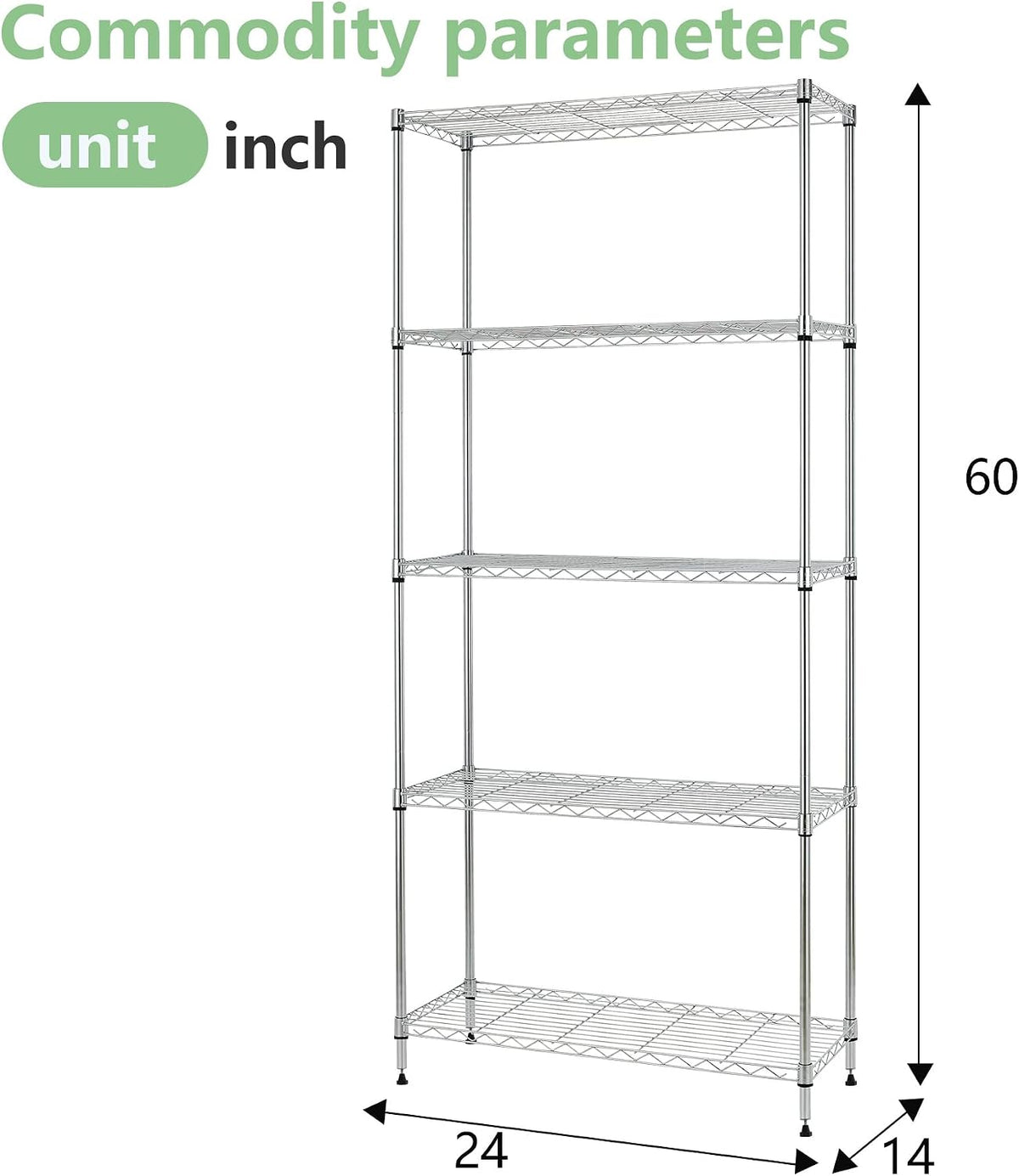 14" D×24" W×60" H Wire Shelving Unit Metal Commercial Shelf with 5 Tier Layer Rack Strong Steel for Restaurant Garage Pantry Kitchen Garage,Chrome