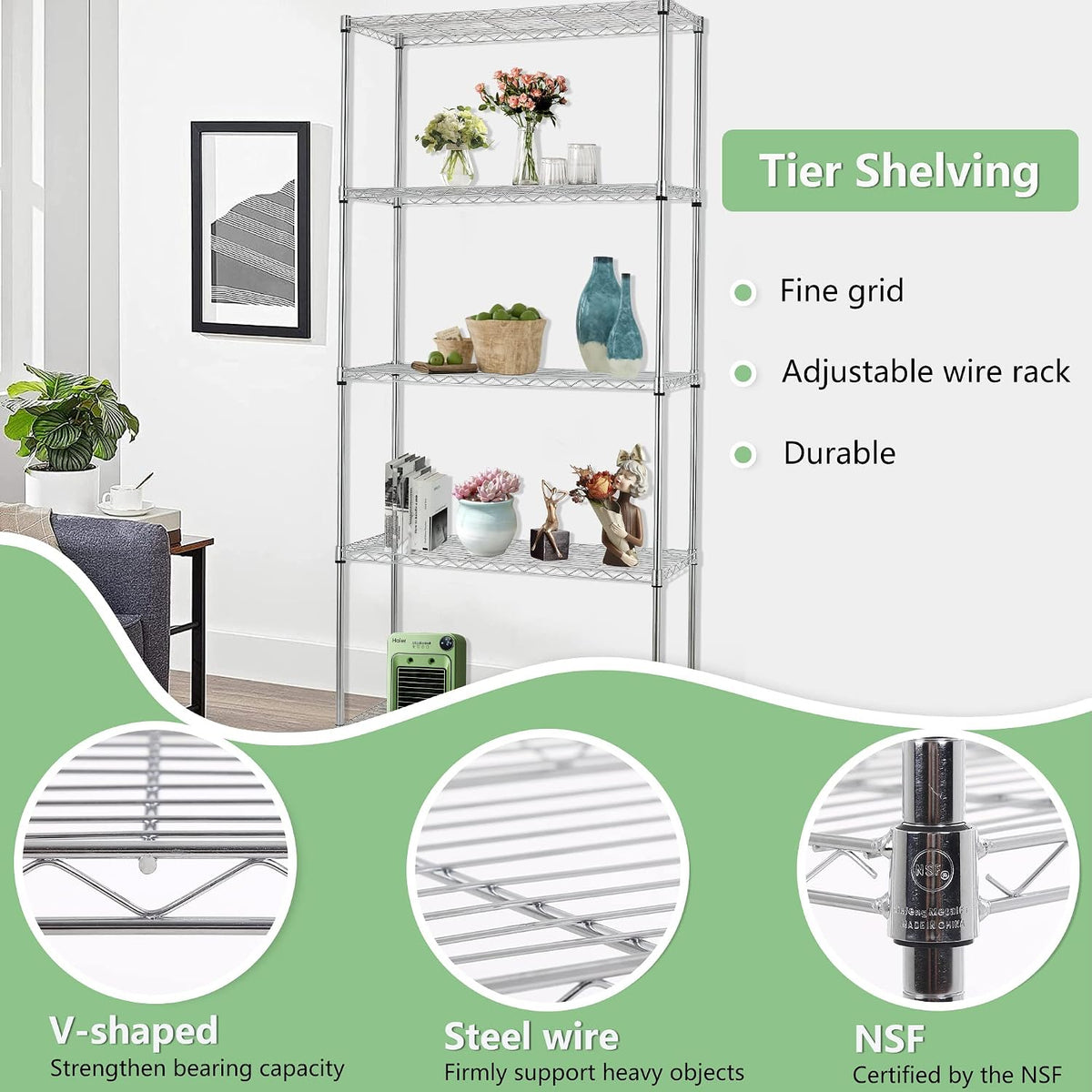 14" D×24" W×60" H Wire Shelving Unit Metal Commercial Shelf with 5 Tier Layer Rack Strong Steel for Restaurant Garage Pantry Kitchen Garage,Chrome