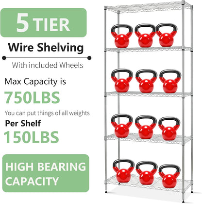 14" D×24" W×60" H Wire Shelving Unit Metal Commercial Shelf with 5 Tier Layer Rack Strong Steel for Restaurant Garage Pantry Kitchen Garage,Chrome