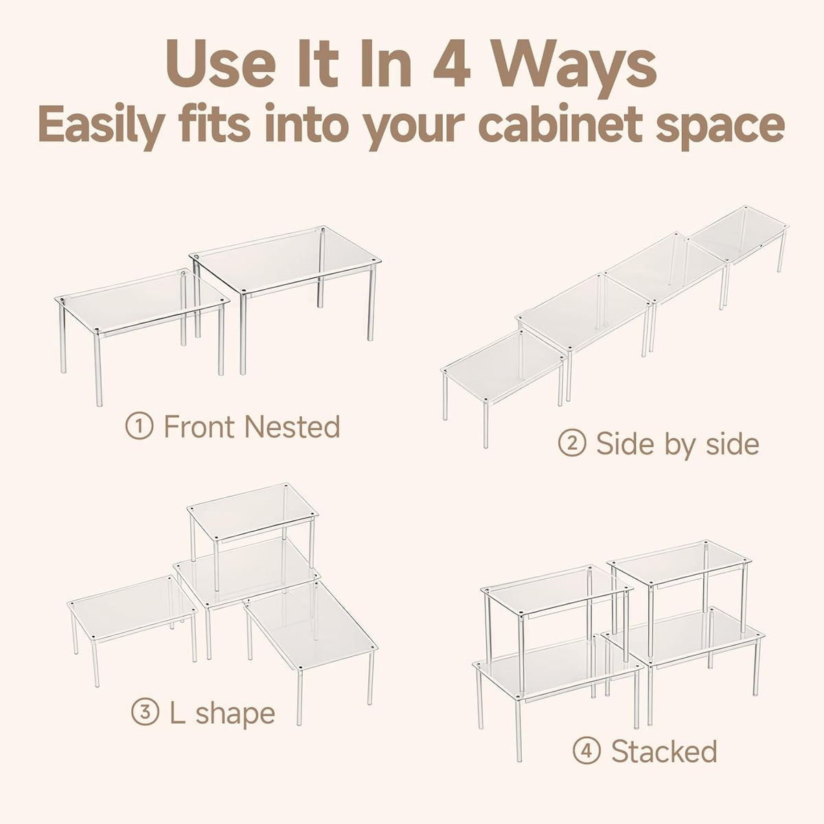 Clear Kitchen Cabinet Organizer, Set of 4 Stackable Spice Rack, Acrylic Shelves for Pantry Organizers and Storage, Tiered Spice Organization for Cabinet, Shelf Organizer for Desk Countertop