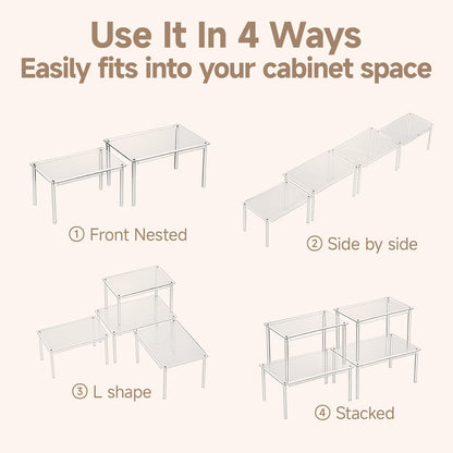 Clear Kitchen Cabinet Organizer, Set of 4 Stackable Spice Rack, Acrylic Shelves for Pantry Organizers and Storage, Tiered Spice Organization for Cabinet, Shelf Organizer for Desk Countertop