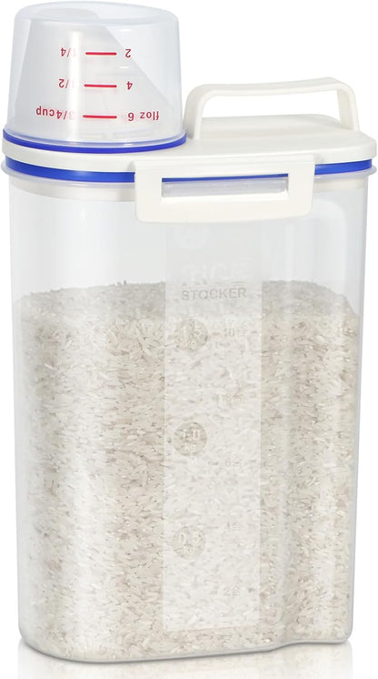 Rice Storage container 4 Lbs, Small Rice Dispenser with Measuring Cup, Grey Cereal Containers Flour Bin, Kitchen Food Storage Container and Pantry Organizers, Pet Dog Cat Food Dispenser