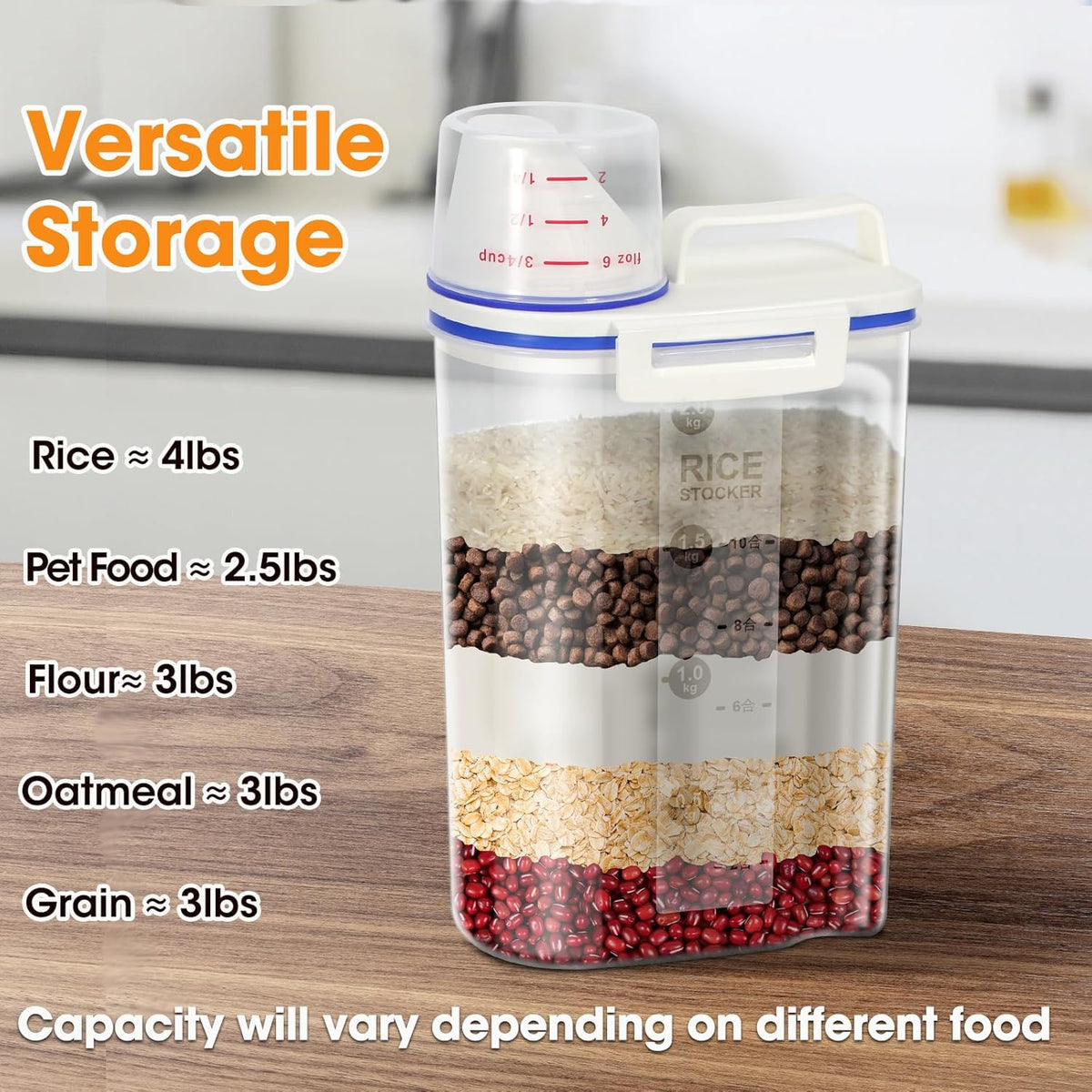 Rice Storage container 4 Lbs, Small Rice Dispenser with Measuring Cup, Grey Cereal Containers Flour Bin, Kitchen Food Storage Container and Pantry Organizers, Pet Dog Cat Food Dispenser