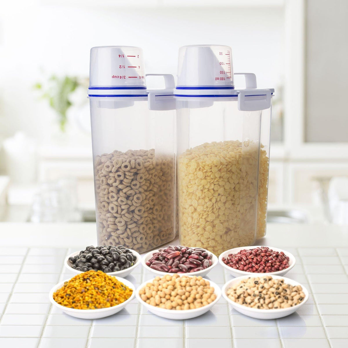 Rice Storage container 4 Lbs, Small Rice Dispenser with Measuring Cup, Grey Cereal Containers Flour Bin, Kitchen Food Storage Container and Pantry Organizers, Pet Dog Cat Food Dispenser