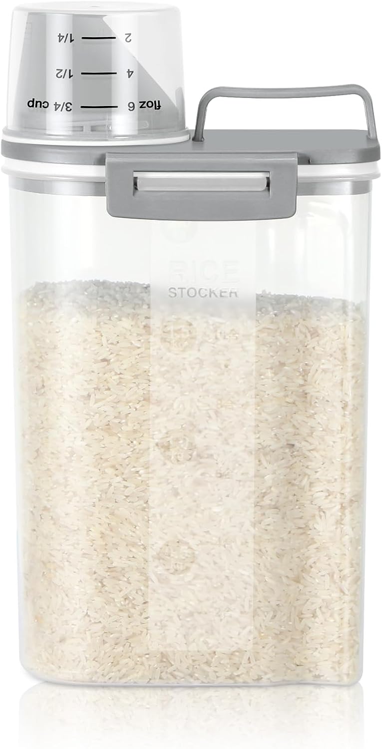 Rice Storage container 4 Lbs, Small Rice Dispenser with Measuring Cup, Grey Cereal Containers Flour Bin, Kitchen Food Storage Container and Pantry Organizers, Pet Dog Cat Food Dispenser