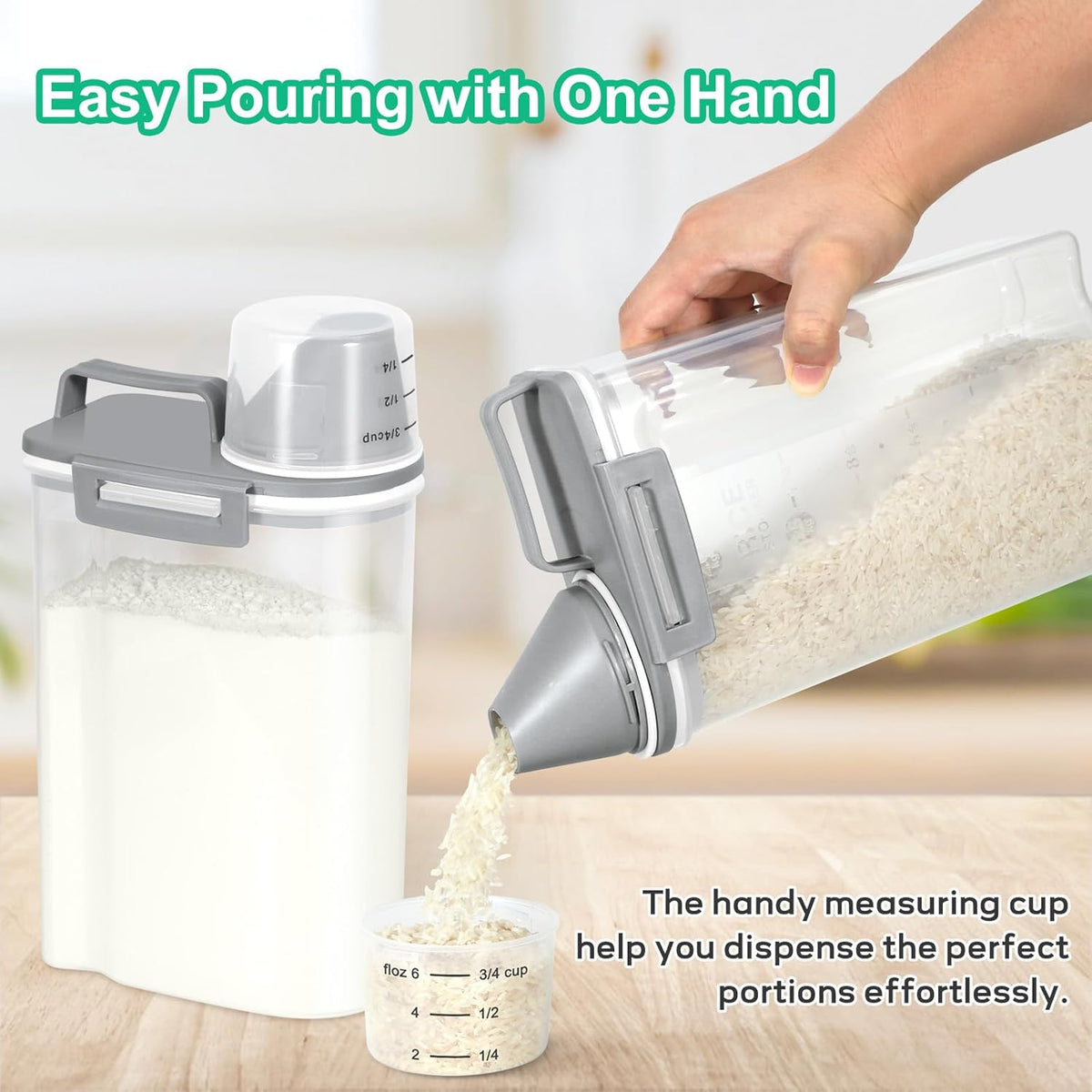 Rice Storage container 4 Lbs, Small Rice Dispenser with Measuring Cup, Grey Cereal Containers Flour Bin, Kitchen Food Storage Container and Pantry Organizers, Pet Dog Cat Food Dispenser