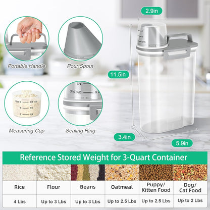 Rice Storage container 4 Lbs, Small Rice Dispenser with Measuring Cup, Grey Cereal Containers Flour Bin, Kitchen Food Storage Container and Pantry Organizers, Pet Dog Cat Food Dispenser