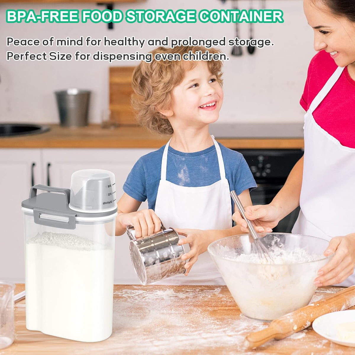 Rice Storage container 4 Lbs, Small Rice Dispenser with Measuring Cup, Grey Cereal Containers Flour Bin, Kitchen Food Storage Container and Pantry Organizers, Pet Dog Cat Food Dispenser