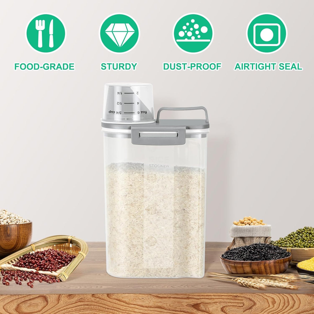Rice Storage container 4 Lbs, Small Rice Dispenser with Measuring Cup, Grey Cereal Containers Flour Bin, Kitchen Food Storage Container and Pantry Organizers, Pet Dog Cat Food Dispenser