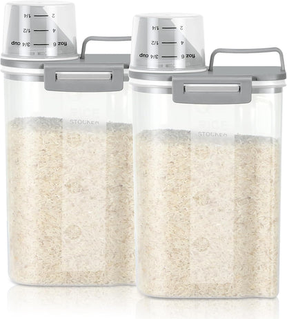 Rice Storage container 4 Lbs, Small Rice Dispenser with Measuring Cup, Grey Cereal Containers Flour Bin, Kitchen Food Storage Container and Pantry Organizers, Pet Dog Cat Food Dispenser
