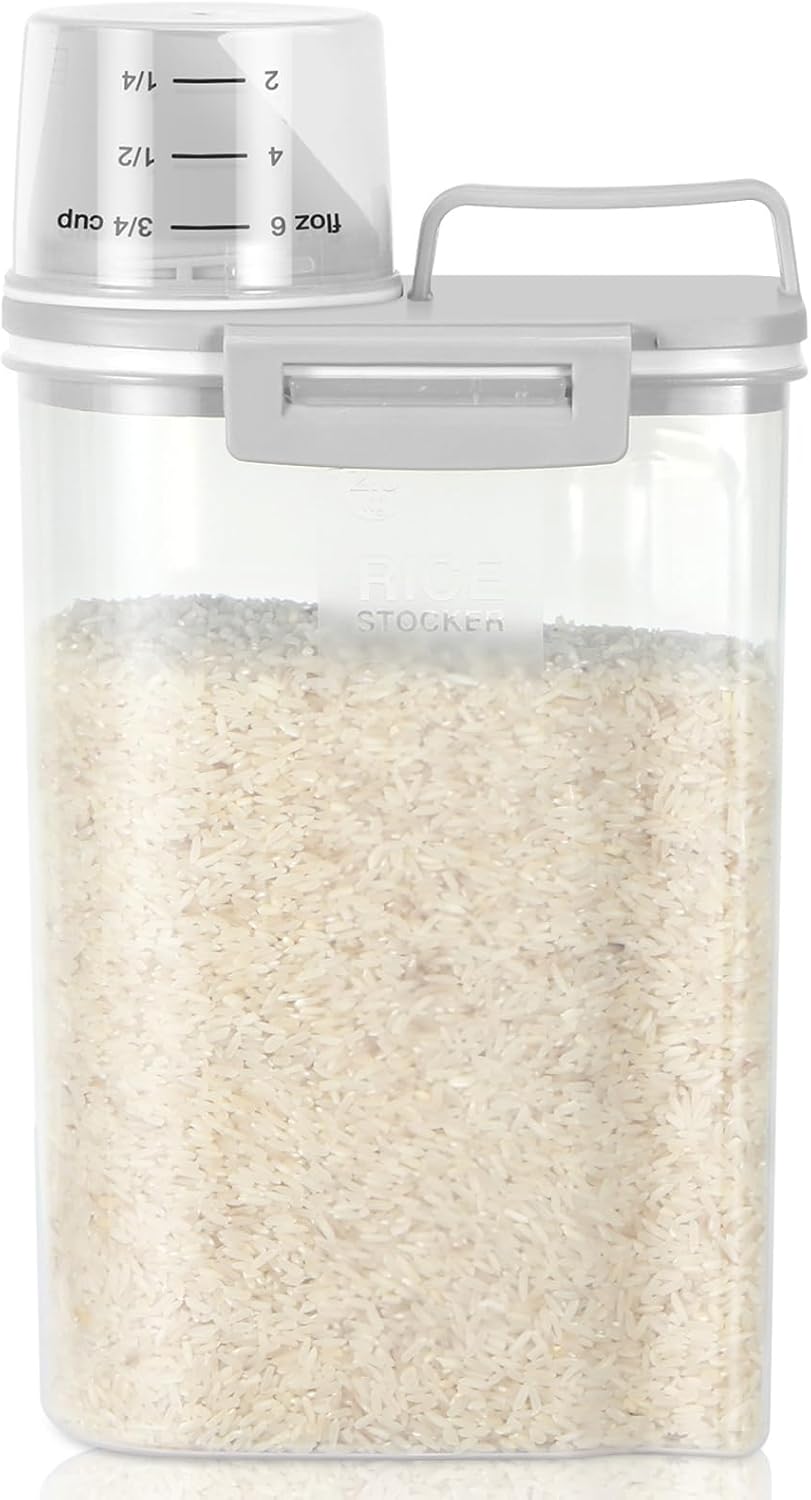 Rice Storage container 4 Lbs, Small Rice Dispenser with Measuring Cup, Grey Cereal Containers Flour Bin, Kitchen Food Storage Container and Pantry Organizers, Pet Dog Cat Food Dispenser