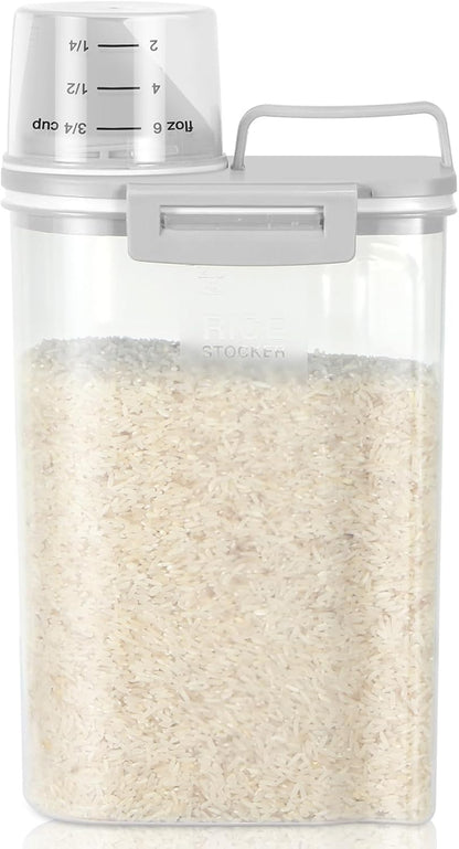 Rice Storage container 4 Lbs, Small Rice Dispenser with Measuring Cup, Grey Cereal Containers Flour Bin, Kitchen Food Storage Container and Pantry Organizers, Pet Dog Cat Food Dispenser
