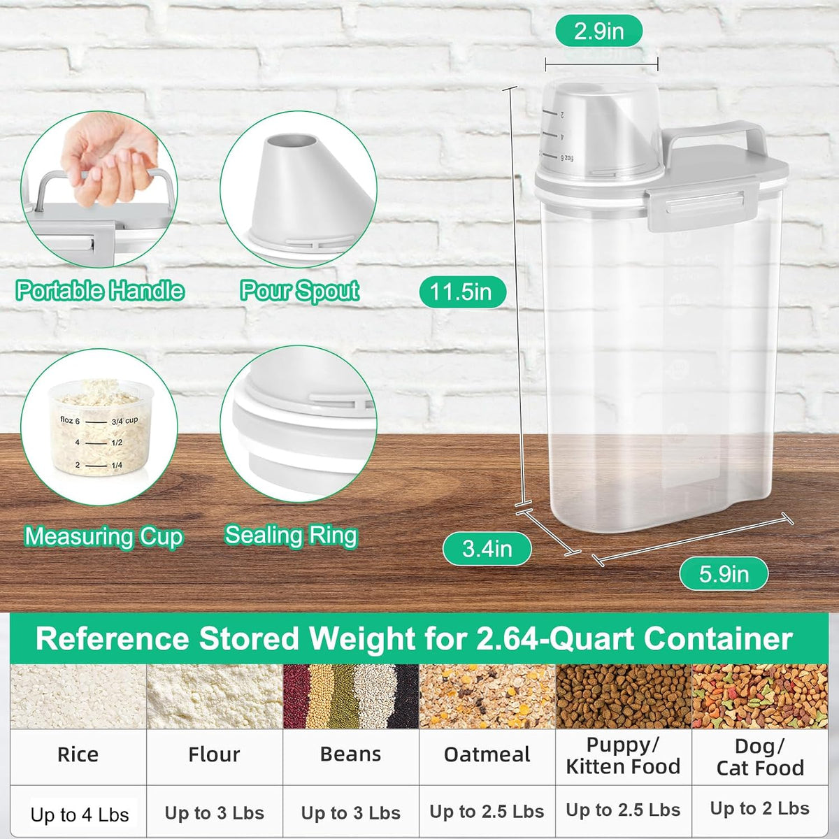 Rice Storage container 4 Lbs, Small Rice Dispenser with Measuring Cup, Grey Cereal Containers Flour Bin, Kitchen Food Storage Container and Pantry Organizers, Pet Dog Cat Food Dispenser