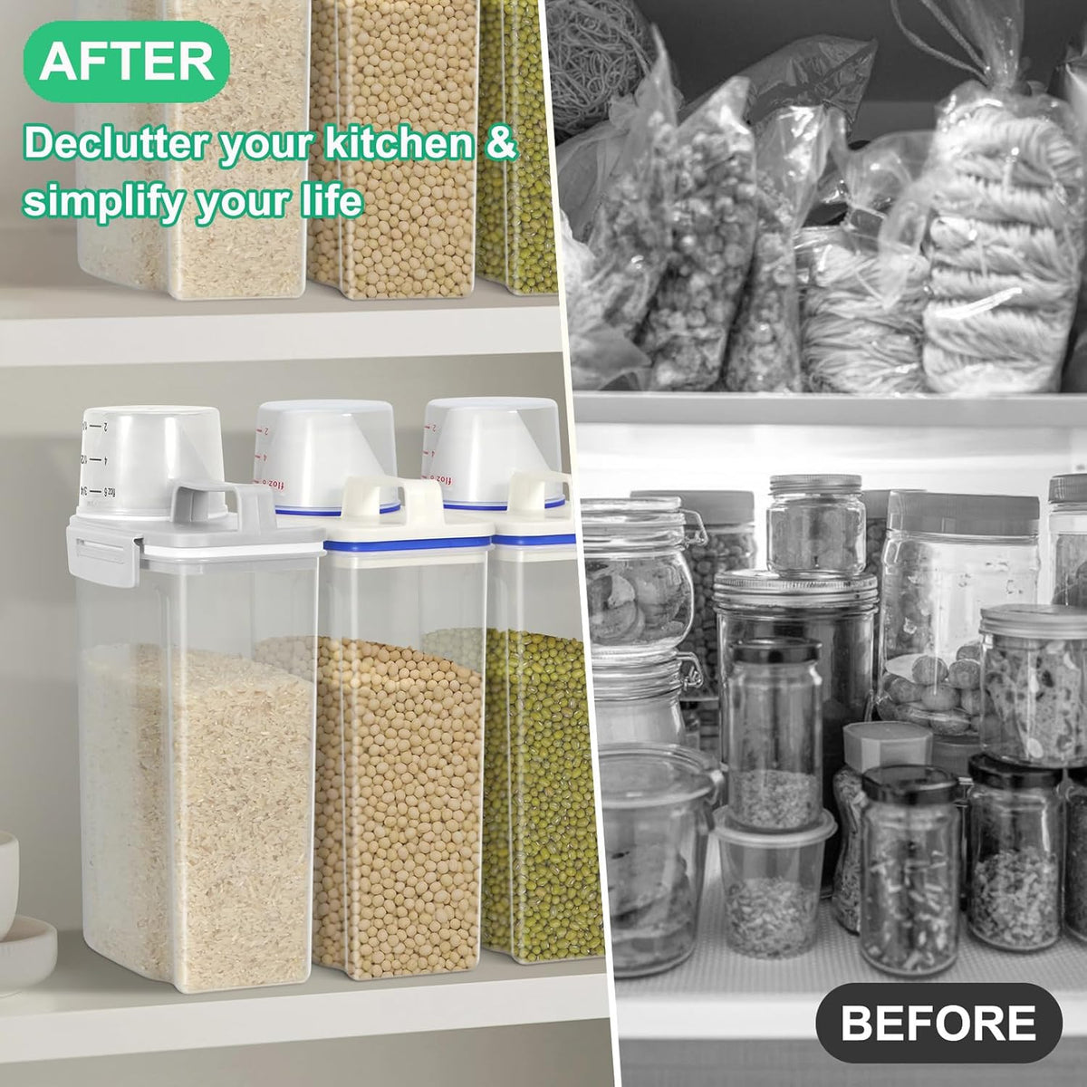 Rice Storage container 4 Lbs, Small Rice Dispenser with Measuring Cup, Grey Cereal Containers Flour Bin, Kitchen Food Storage Container and Pantry Organizers, Pet Dog Cat Food Dispenser