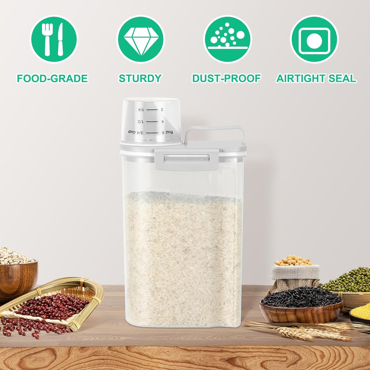 Rice Storage container 4 Lbs, Small Rice Dispenser with Measuring Cup, Grey Cereal Containers Flour Bin, Kitchen Food Storage Container and Pantry Organizers, Pet Dog Cat Food Dispenser