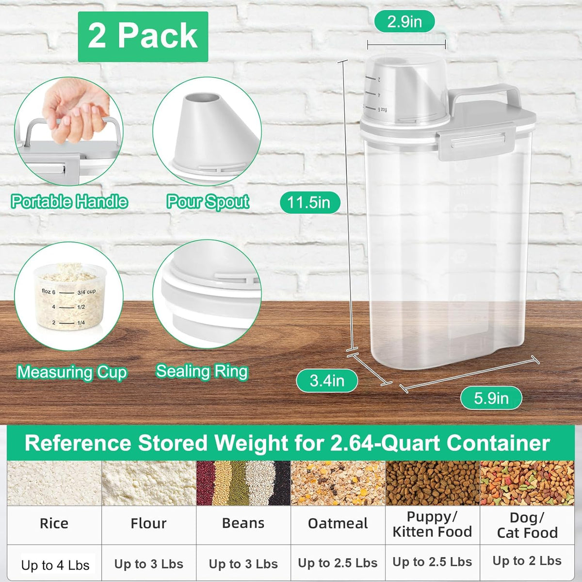 Rice Storage container 4 Lbs, Small Rice Dispenser with Measuring Cup, Grey Cereal Containers Flour Bin, Kitchen Food Storage Container and Pantry Organizers, Pet Dog Cat Food Dispenser