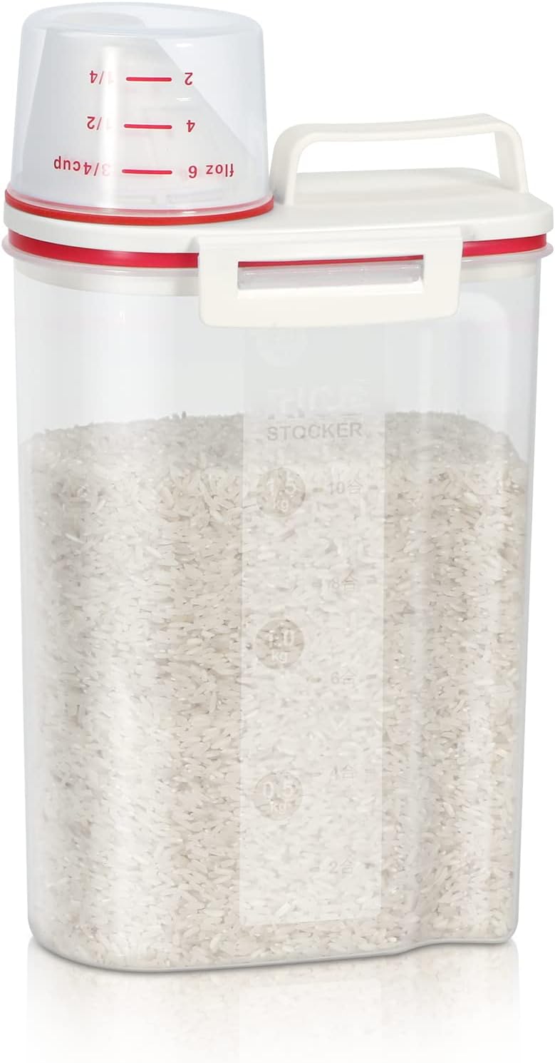 Rice Storage container 4 Lbs, Small Rice Dispenser with Measuring Cup, Grey Cereal Containers Flour Bin, Kitchen Food Storage Container and Pantry Organizers, Pet Dog Cat Food Dispenser