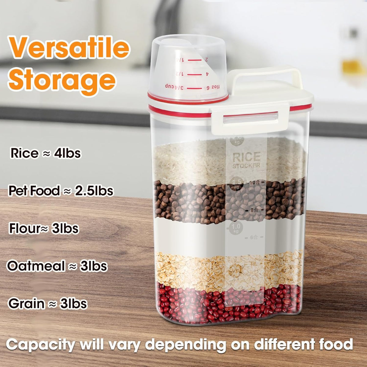 Rice Storage container 4 Lbs, Small Rice Dispenser with Measuring Cup, Grey Cereal Containers Flour Bin, Kitchen Food Storage Container and Pantry Organizers, Pet Dog Cat Food Dispenser