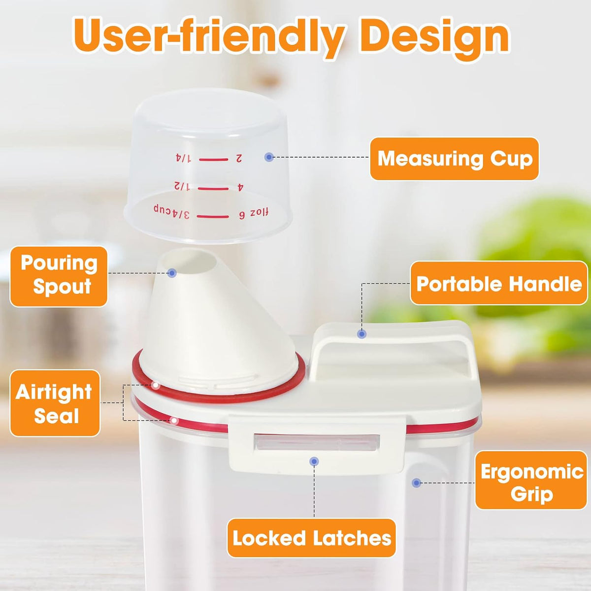 Rice Storage container 4 Lbs, Small Rice Dispenser with Measuring Cup, Grey Cereal Containers Flour Bin, Kitchen Food Storage Container and Pantry Organizers, Pet Dog Cat Food Dispenser