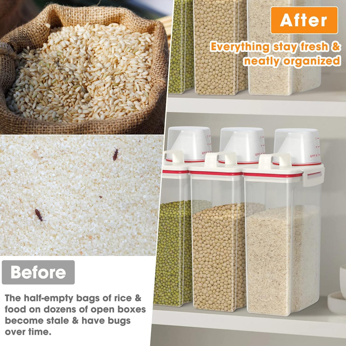 Rice Storage container 4 Lbs, Small Rice Dispenser with Measuring Cup, Grey Cereal Containers Flour Bin, Kitchen Food Storage Container and Pantry Organizers, Pet Dog Cat Food Dispenser