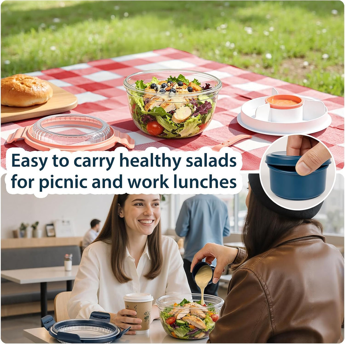 Salad Lunch Container To Go, 2 Packs 52-oz Salad Bowls to go for lunch