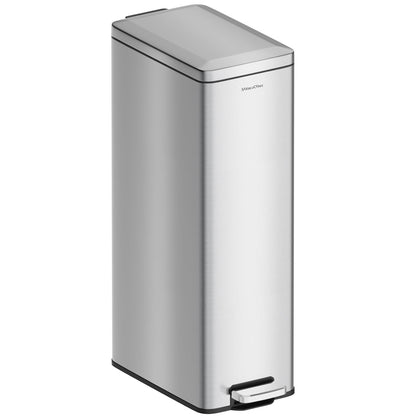 8 gallon/30L Slim Stainless Steel Garbage Can with Soft Close lid for Small Spaces，Pedal Fingerprint Proof Trash Bin with Removable Inner Bucket for Kitchen